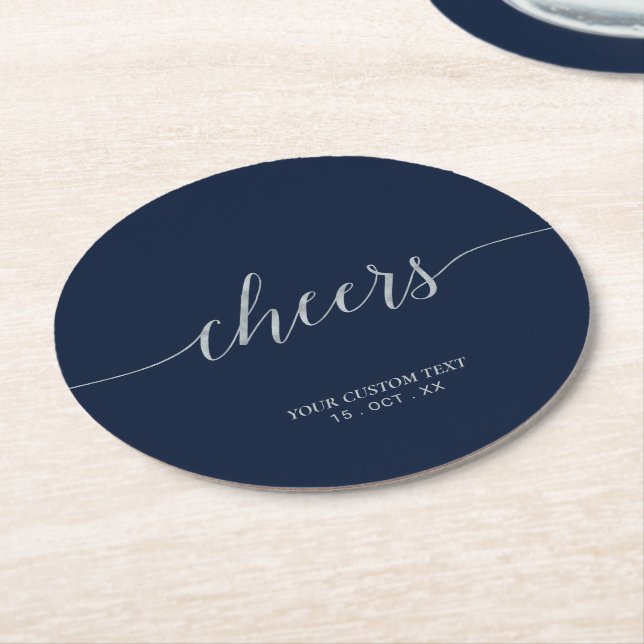 Silver & Navy Elegant Script Cheers Custom Party Round Paper Coaster (Angled)