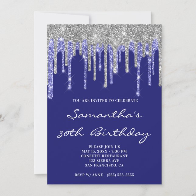 Silver Navy Glitter Drips Midnight Blue Birthday Invitation (Front)