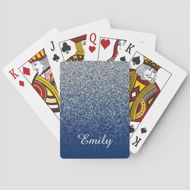Silver Navy Glitter Ombre Personalized Playing Cards (Back)