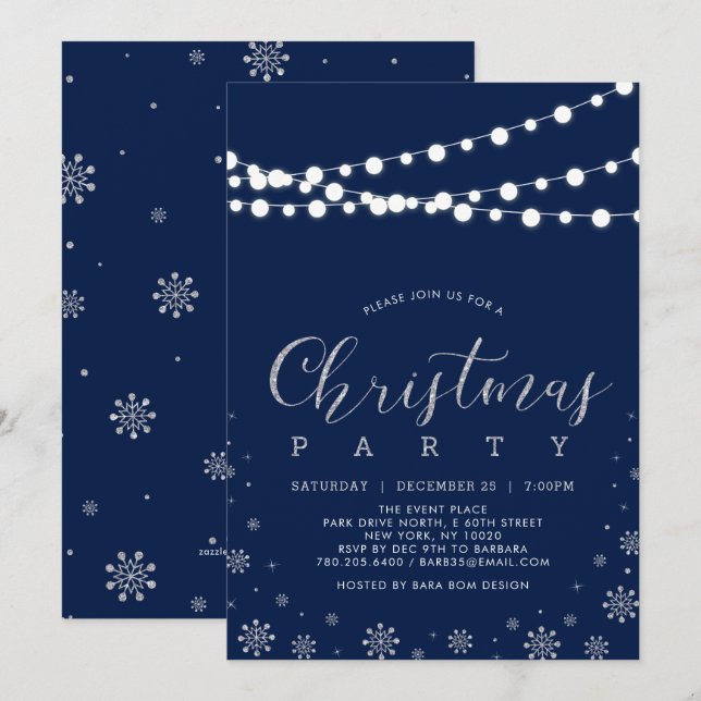 Silver & Navy | Modern Snowflakes Christmas Party Invitation (Front/Back)