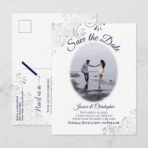 Silver & Navy on White Photo Wedding Save the Date Announcement Postcard