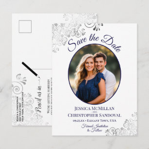 Silver & Navy on White Wedding Save the Date Photo Announcement Postcard