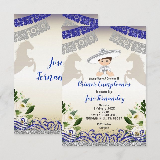 Silver navy PRIMER CUMPLEANOS Uno Fiesta Birthday Invitation (Front/Back)