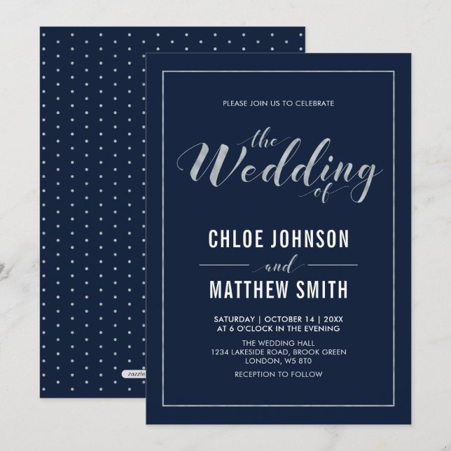Silver & Navy | Simple Modern Typography Wedding Invitation (Front/Back)