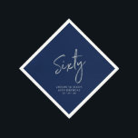 Silver & Navy Sixty Modern 60th Birthday Party Napkin<br><div class="desc">This custom paper napkin will add stylish detail to your 60th birthday celebration. This 60th birthday napkin design features simple chic silver lettering "Sixty" with custom text on a navy blue background. Matching invitations and party supplies are available in my shop BaraBomDesign.</div>