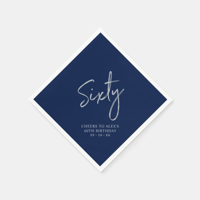 Silver & Navy Sixty Modern 60th Birthday Party Napkin (Corner)
