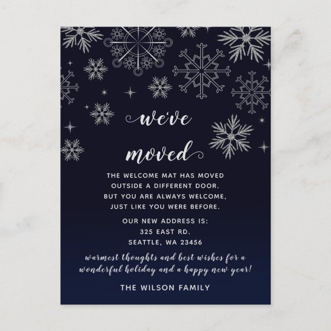 Silver Navy Snowflakes Holiday Moving Announcement Postcard (Front)
