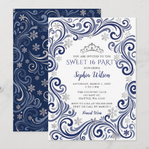 Silver Navy Snowflakes Tiara Sweet 16   Invitation