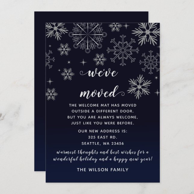 Silver Navy Snowflakes We've Moved Holiday Cards (Front/Back)
