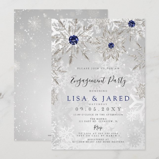Silver Navy Snowflakes Winter Engagement Party  Invitation (Front/Back)