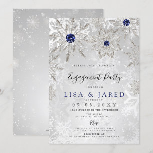 Silver Navy Snowflakes Winter Engagement Party  Invitation