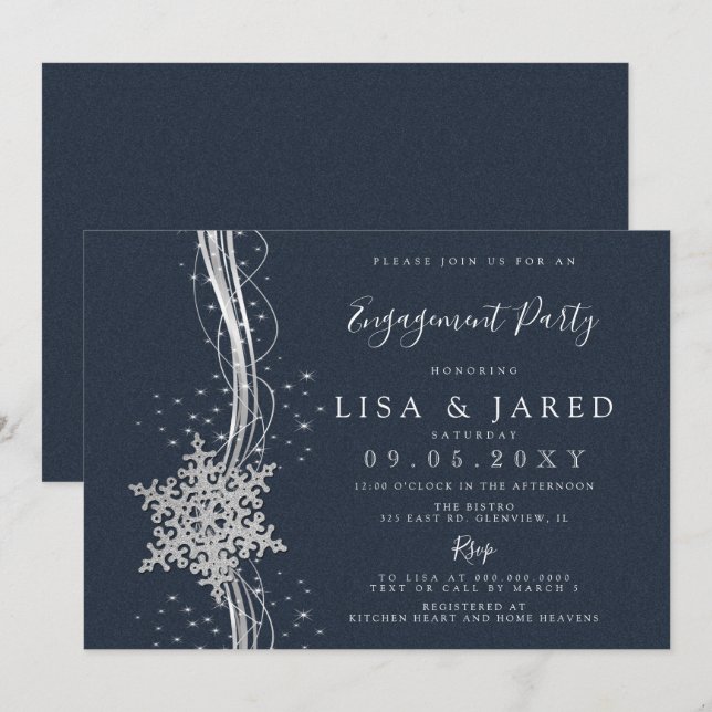 Silver Navy Snowflakes Winter Engagement Party   Invitation (Front/Back)