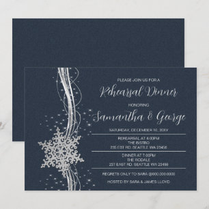 Silver Navy Snowflakes Winter Rehearsal Dinner  Invitation