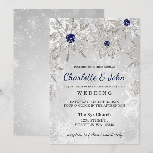 silver navy snowflakes winter wedding invitation (Front/Back)