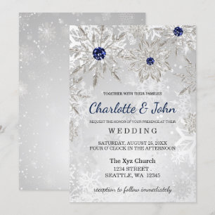 silver navy snowflakes winter wedding invitation