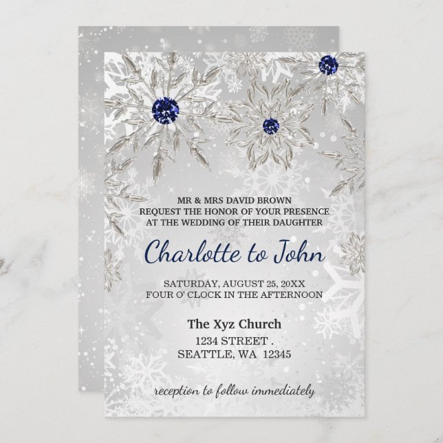 silver navy snowflakes winter wedding invitation (Front/Back)