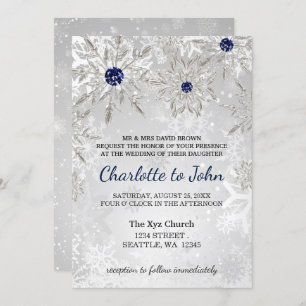 silver navy snowflakes winter wedding invitation