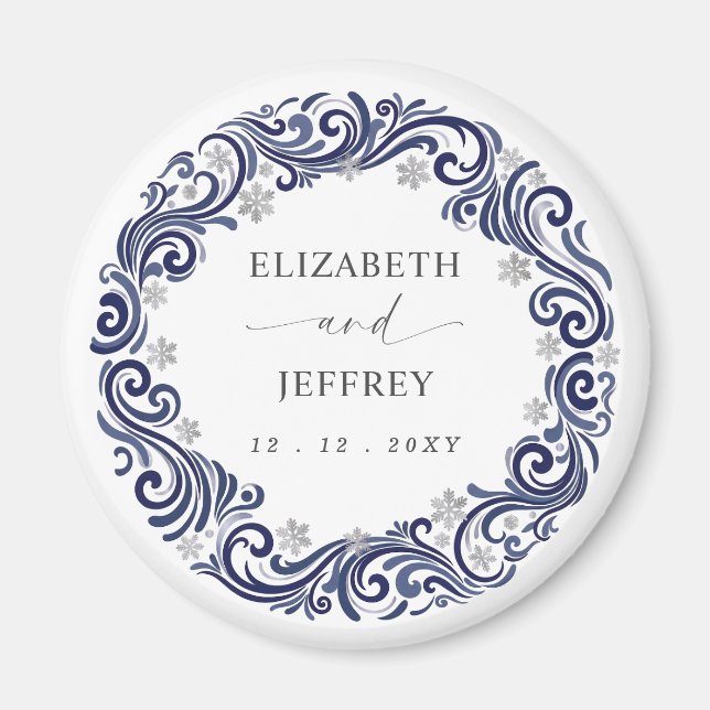 Silver Navy Snowflakes Winter Wedding Magnet (Front)