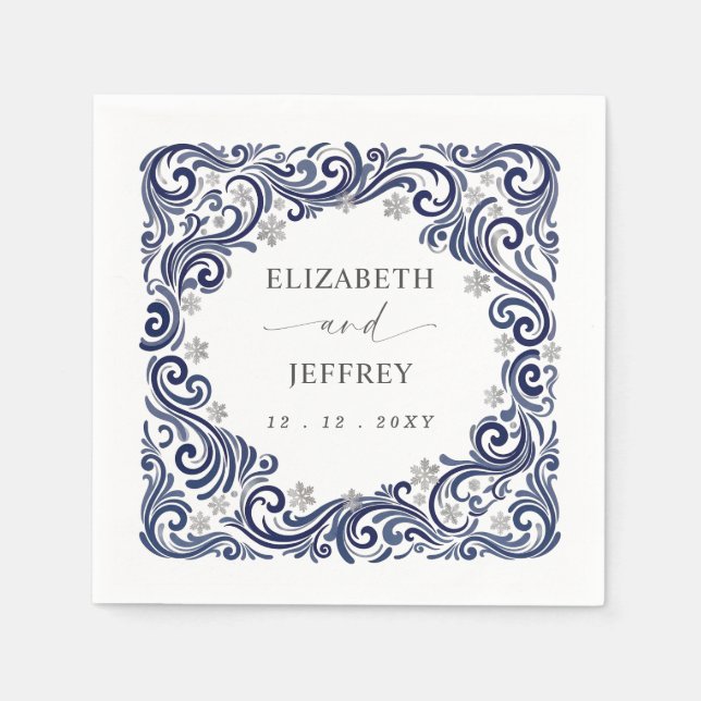 Silver Navy Snowflakes Winter Wedding Napkin (Front)