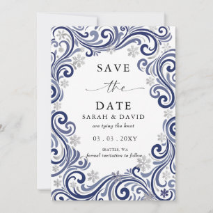 Silver Navy Snowflakes Winter Wedding Photo Save The Date