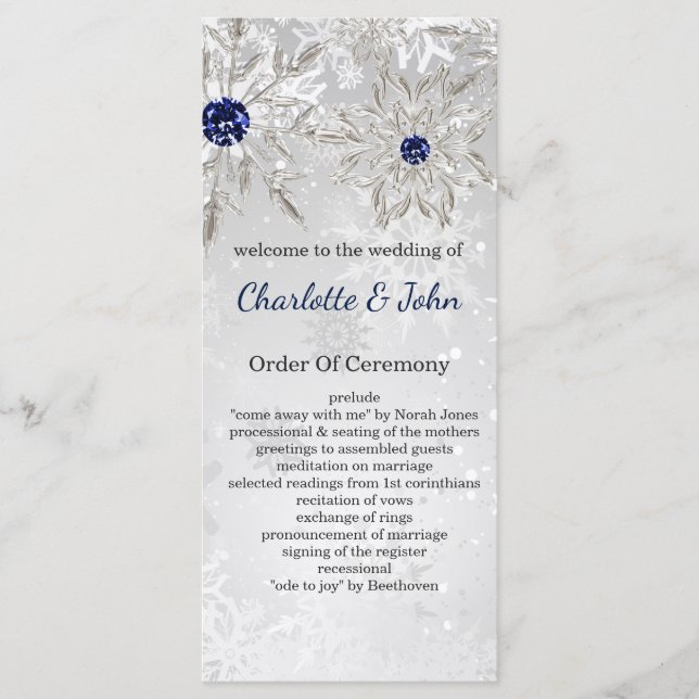 silver navy snowflakes winter wedding programs (Front)