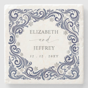 Silver Navy Snowflakes Winter Wedding Stone Coaster