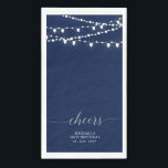 Silver Navy String Light Elegant Lettering Cheers Napkin<br><div class="desc">Add stylish detail to your special day with this custom party napkin. This design features elegant script lettering " Cheers" with string lights. You can personalize the text for any event or party. Matching invitations and party supplies are available in my shop BaraBomDesign.</div>
