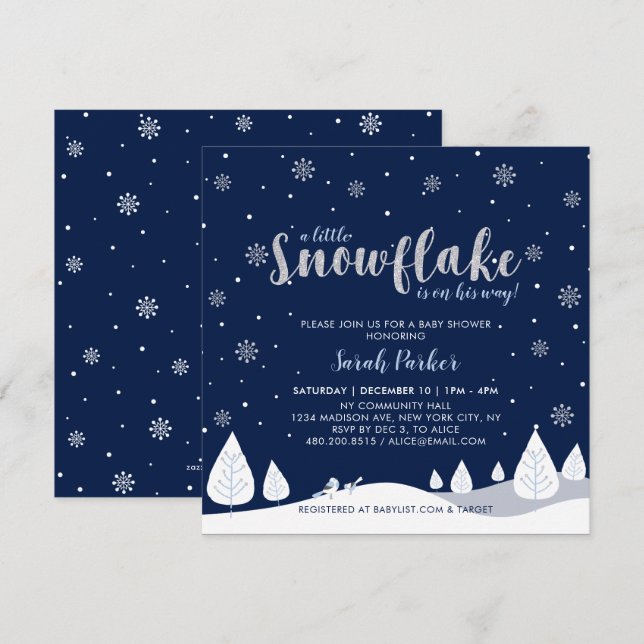 Silver & Navy Winter Wonderland Boy Baby Shower Invitation (Front/Back)