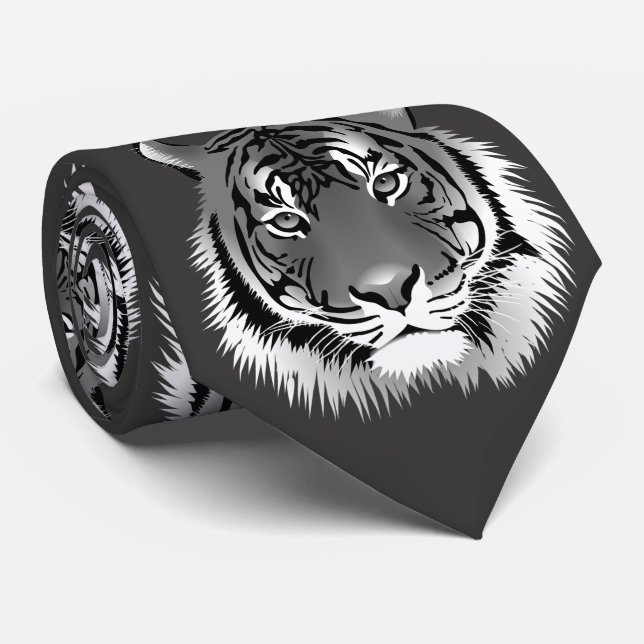 Silver Neck Tie with Black-White Tiger (Rolled)