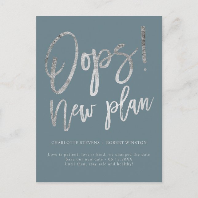 Silver new plan wedding change the date announcement postcard (Front)