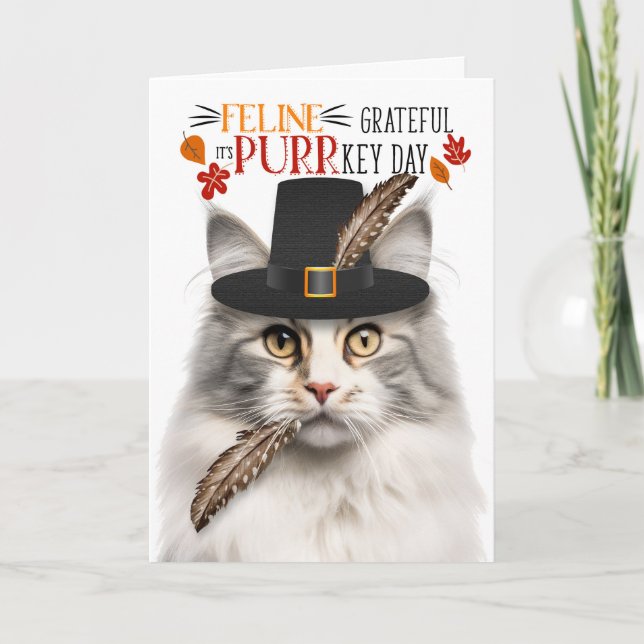 Silver Norwegian Forest Cat Grateful PURRkey Day Holiday Card (Front)