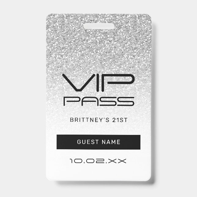 Silver Ombre Glitter Glam VIP Pass 21st Invitation Badge (Front)
