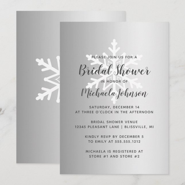 Silver Ombre Winter Snowflake Bridal Shower Invitation (Front/Back)