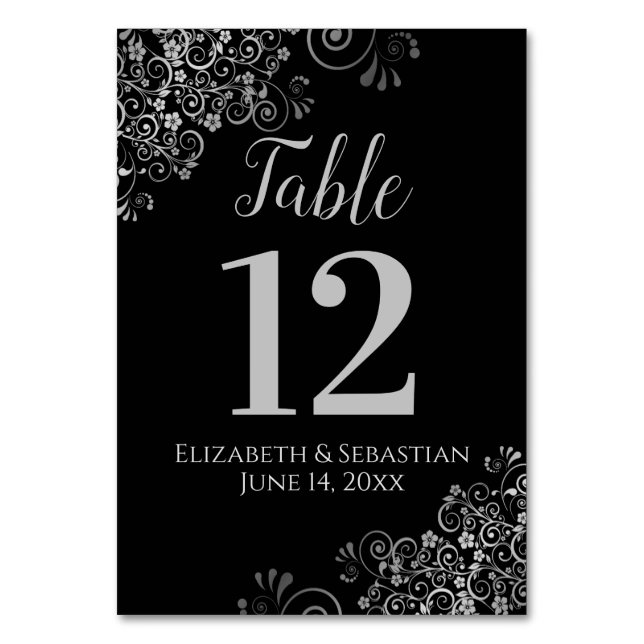 Silver on Black Elegant Frilly Wedding Table Number (Front)