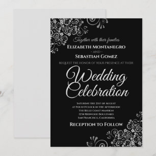 Silver on Black Simple Elegant Wedding Invitation