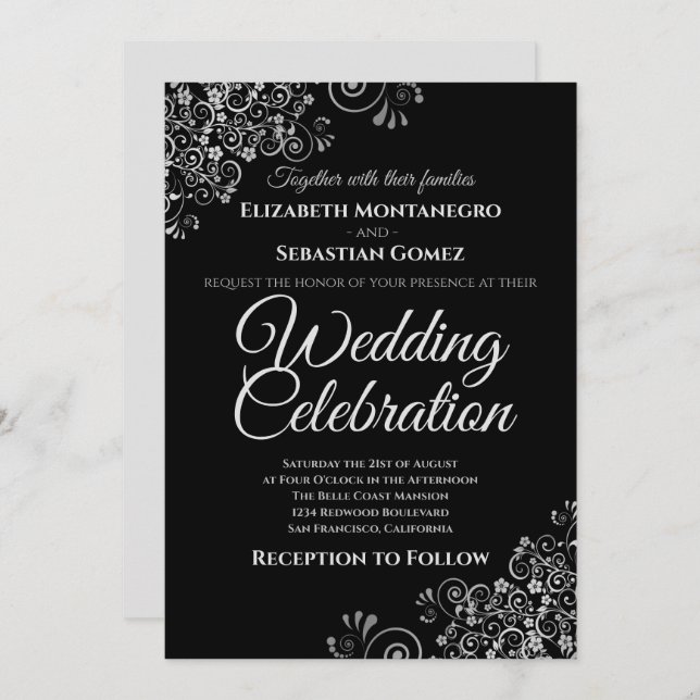 Silver on Black Simple Elegant Wedding Invitation (Front/Back)