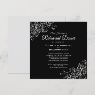 Silver on Black Square Wedding Rehearsal Dinner Invitation