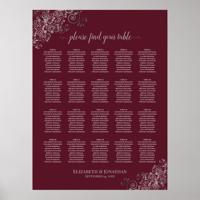 Silver on Burgundy 20 Table Wedding Seating Chart (Front)