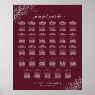 Silver on Burgundy 29 Table Wedding Seating Chart