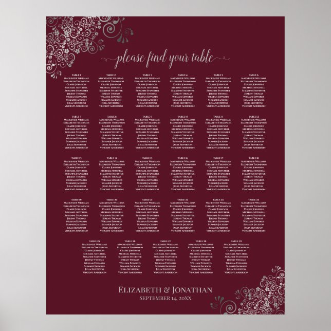 Silver on Burgundy 29 Table Wedding Seating Chart (Front)