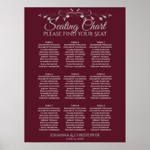 Silver on Burgundy 9 Table Wedding Seating Chart
