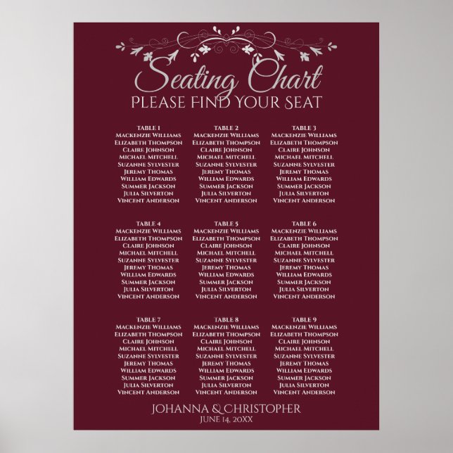 Silver on Burgundy 9 Table Wedding Seating Chart (Front)
