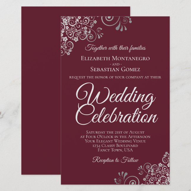 Silver on Burgundy BUDGET Wedding Invite Large (Front/Back)