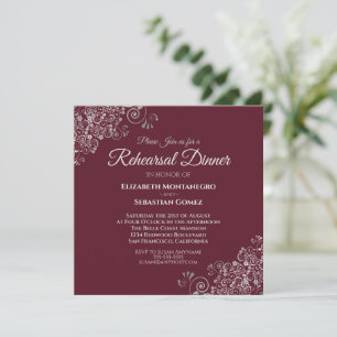 Silver on Burgundy Square Wedding Rehearsal Dinner Invitation