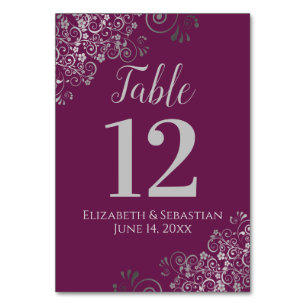 Silver on Cassis Purple Elegant Frilly Wedding Table Number