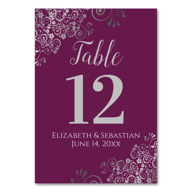 Silver on Cassis Purple Elegant Frilly Wedding Table Number (Front)