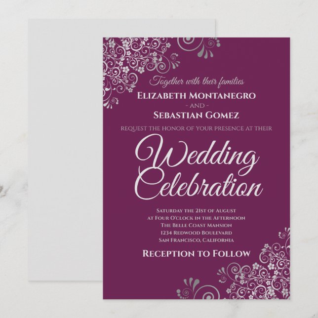 Silver on Cassis Purple Simple Elegant Wedding Invitation (Front/Back)