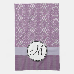 Silver on Lavender Damask with Stripes & Monogram Kitchen Towel