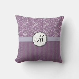 Silver on Lavender Damask with Stripes & Monogram Throw Pillow