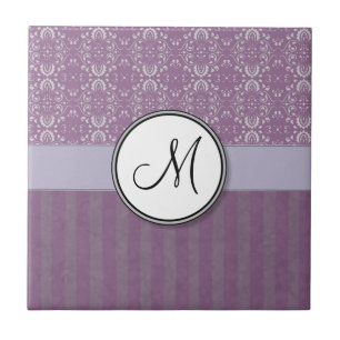 Silver on Lavender Damask with Stripes & Monogram Tile